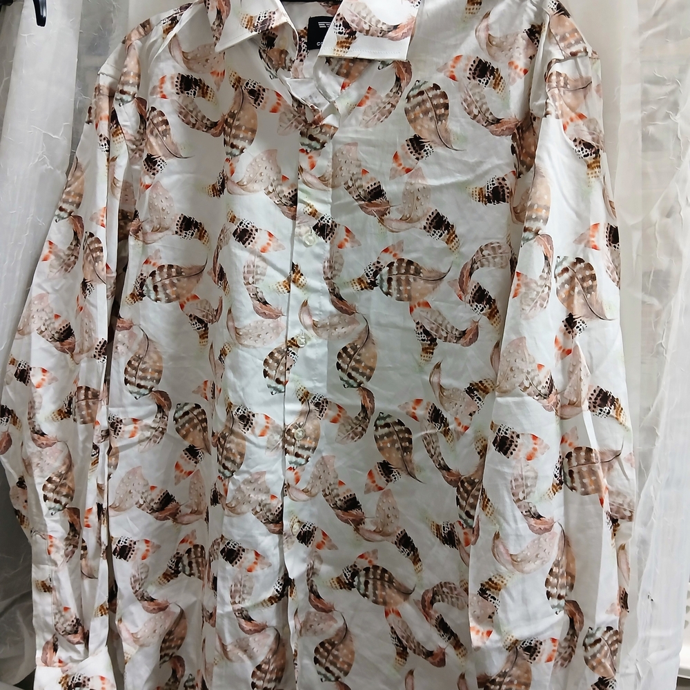 Men's White Dress Shirt with Brown Feather Print